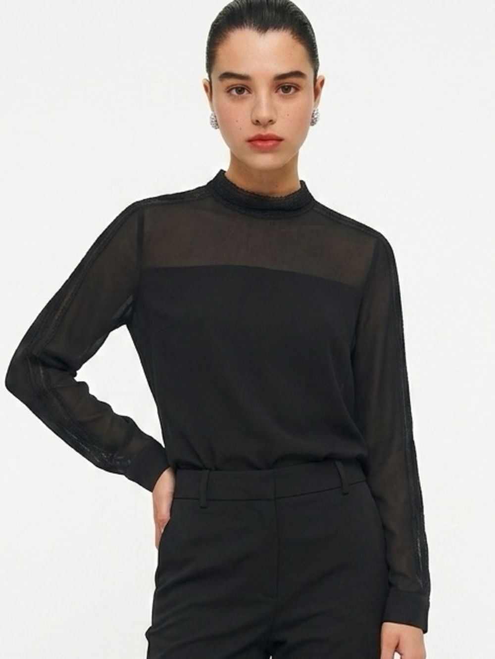 SANDRO PARIS | High Neck Sheer Accent Long Sleeve Black Top Women’s Size 2